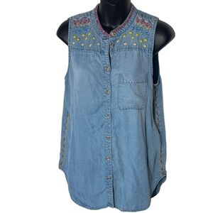 Maeve Anthropologie women’s 2 Barton sleeveless chambray embroidered button down